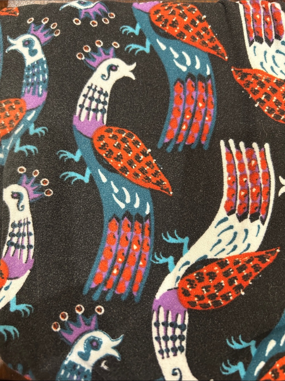 LuLaRoe Bird Print Black leggings with Orange, Teal & Purple Motif